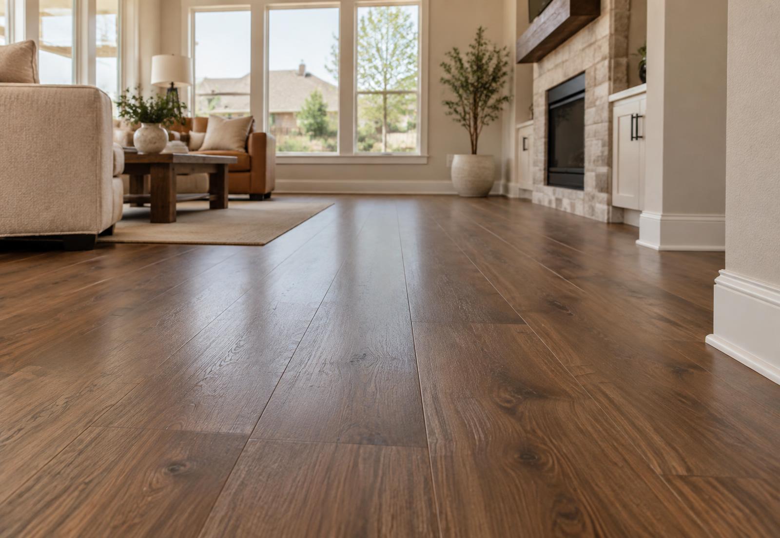 Newly installed wide plank wood look floor in a bright Texas home